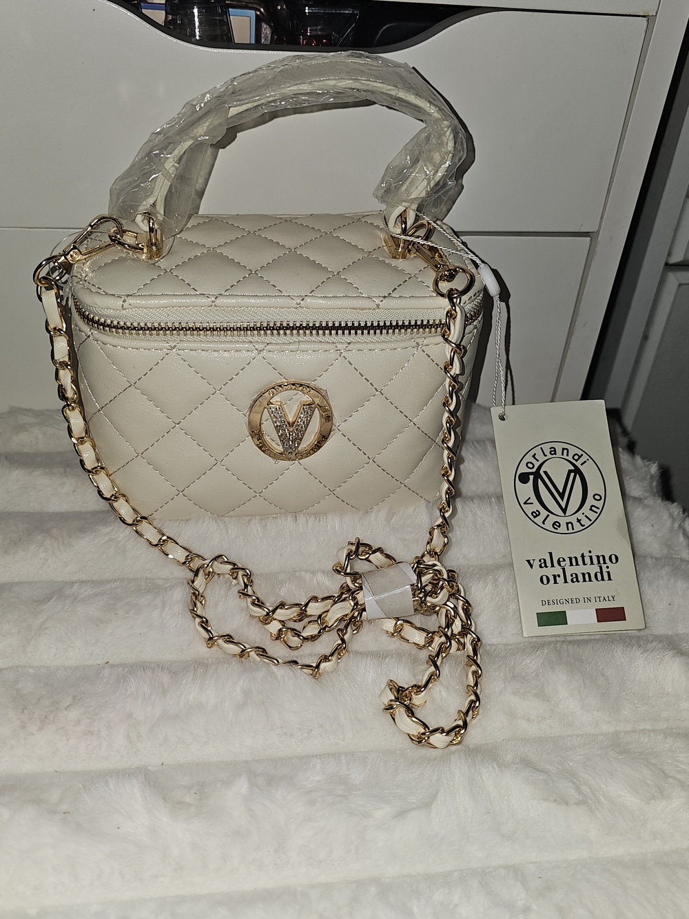 Valentino Orlandi Cream Quilted Mini Crossbody with Gold Chain